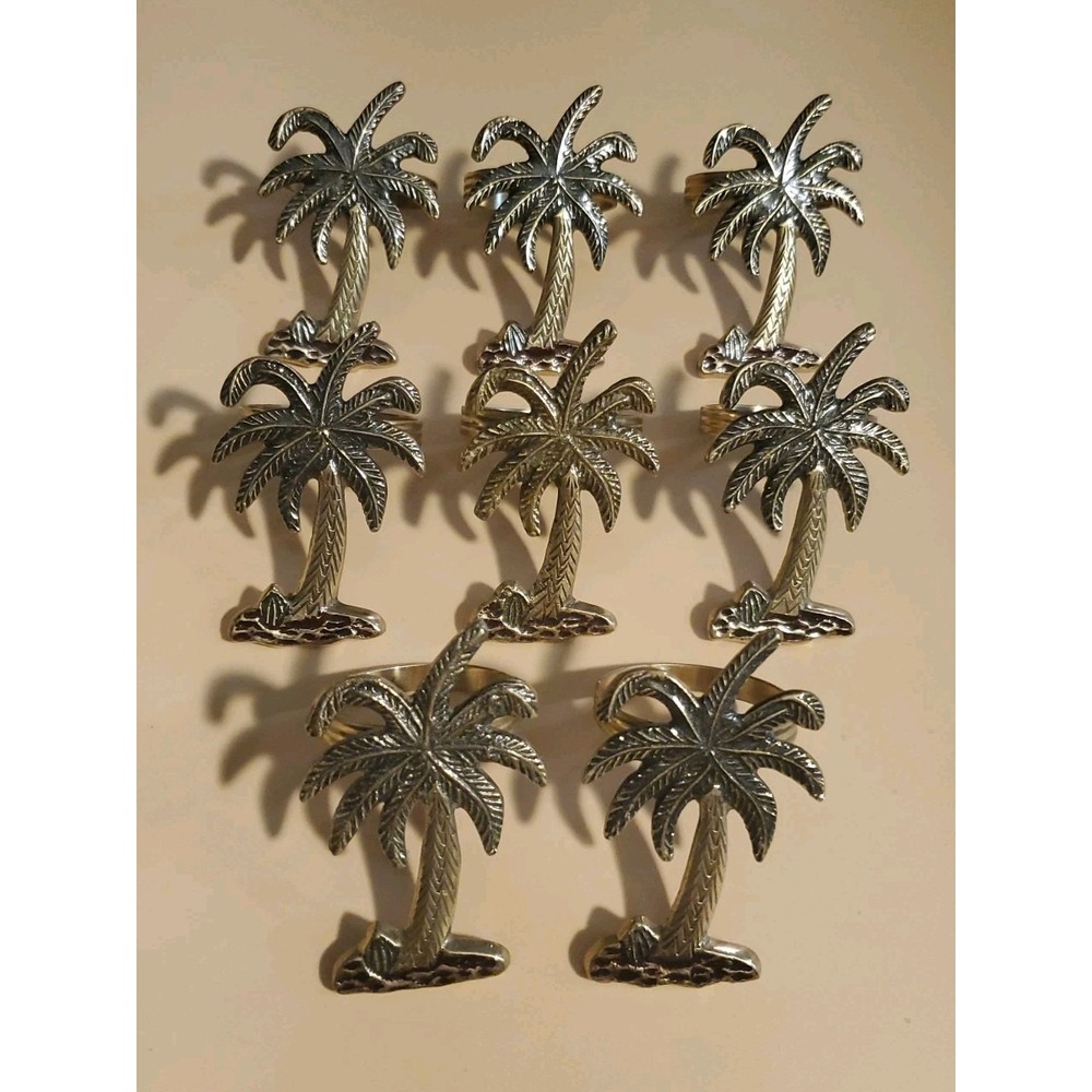 Vintage Tropical Paradise Solid Brass Palm Tree Napkin Rings Set 6